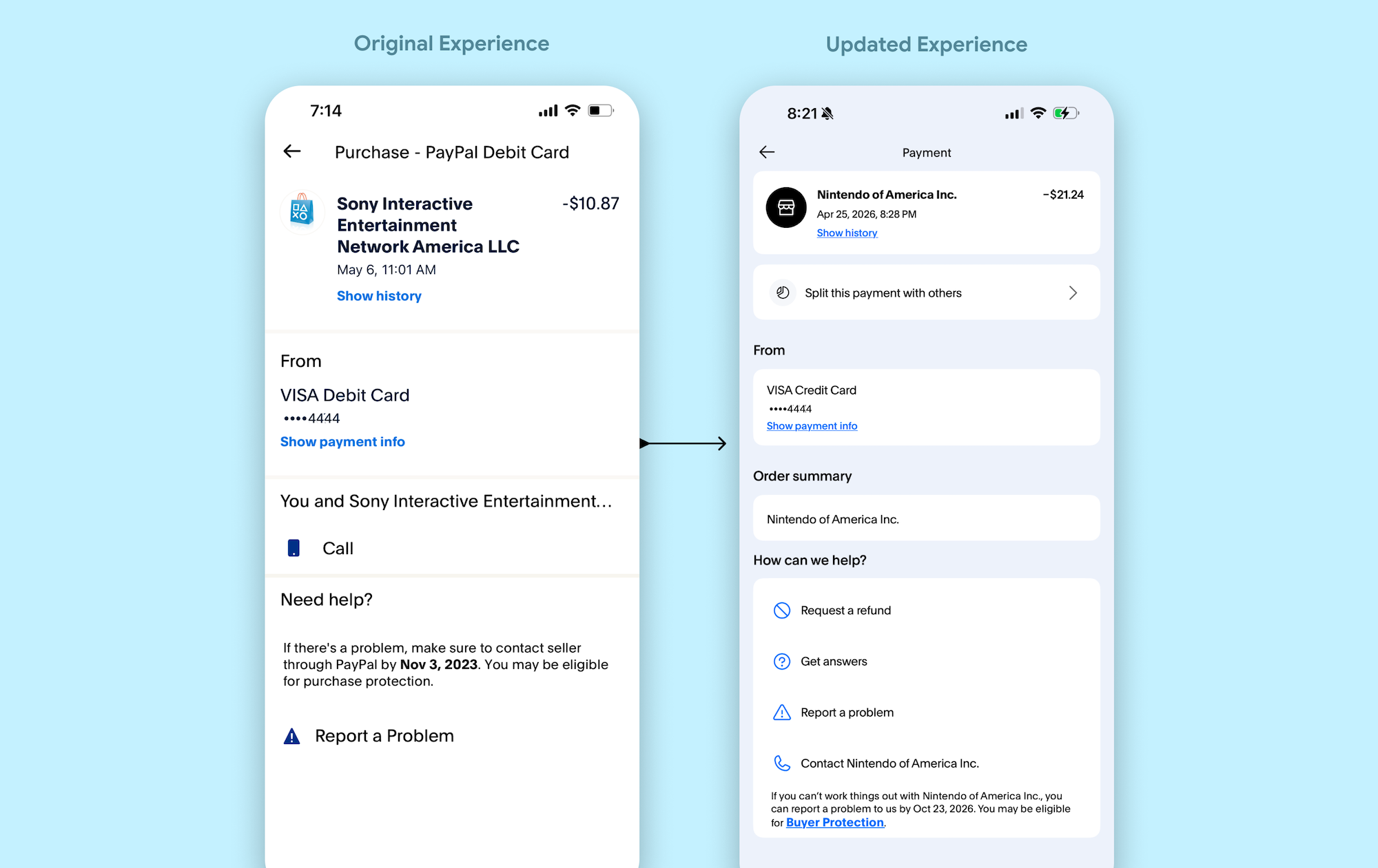 PayPal in-product support entry points
